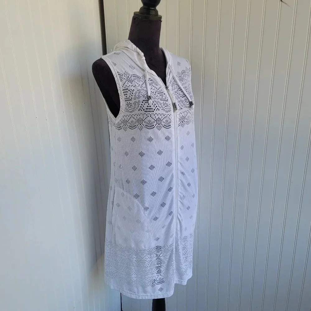 DOTTI Swim Cover Up Crochet Full Zip Up Hoodie White Lace $56  Sz Small S - Picture 2 of 12